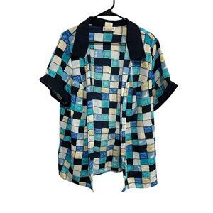 Vintage Elisabeth Open Front Short Sleeve Shirt Blue Beige Sz 18W Checkered